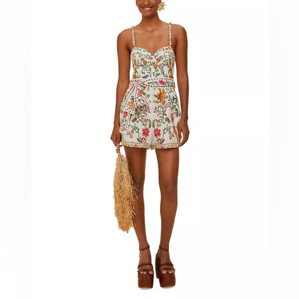 FARM RIO Delicate Forest Linen Romper Off-White Floral Parrot Size XS - LIKE NEW